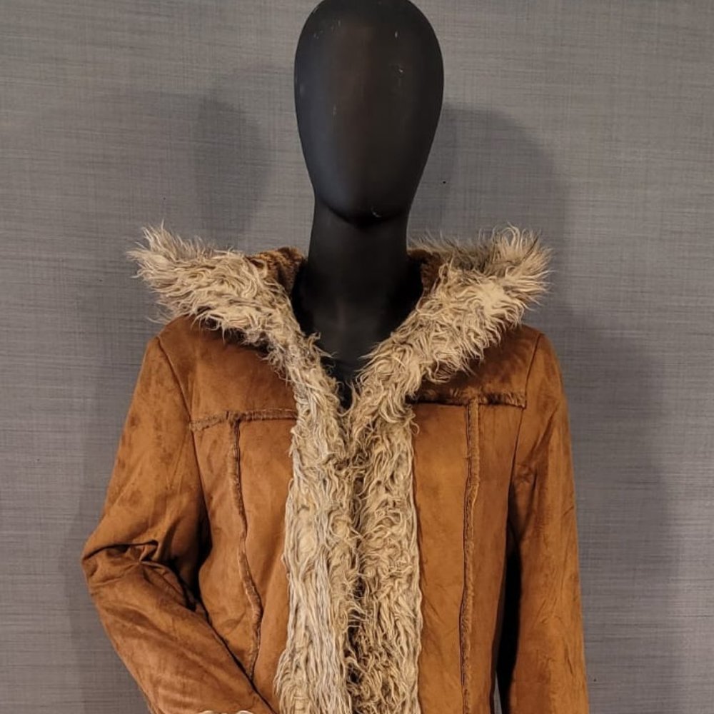 Penny Lane Coat Women - Brown Boho Fur Coat - Hooded Suede Leather Trench Coat